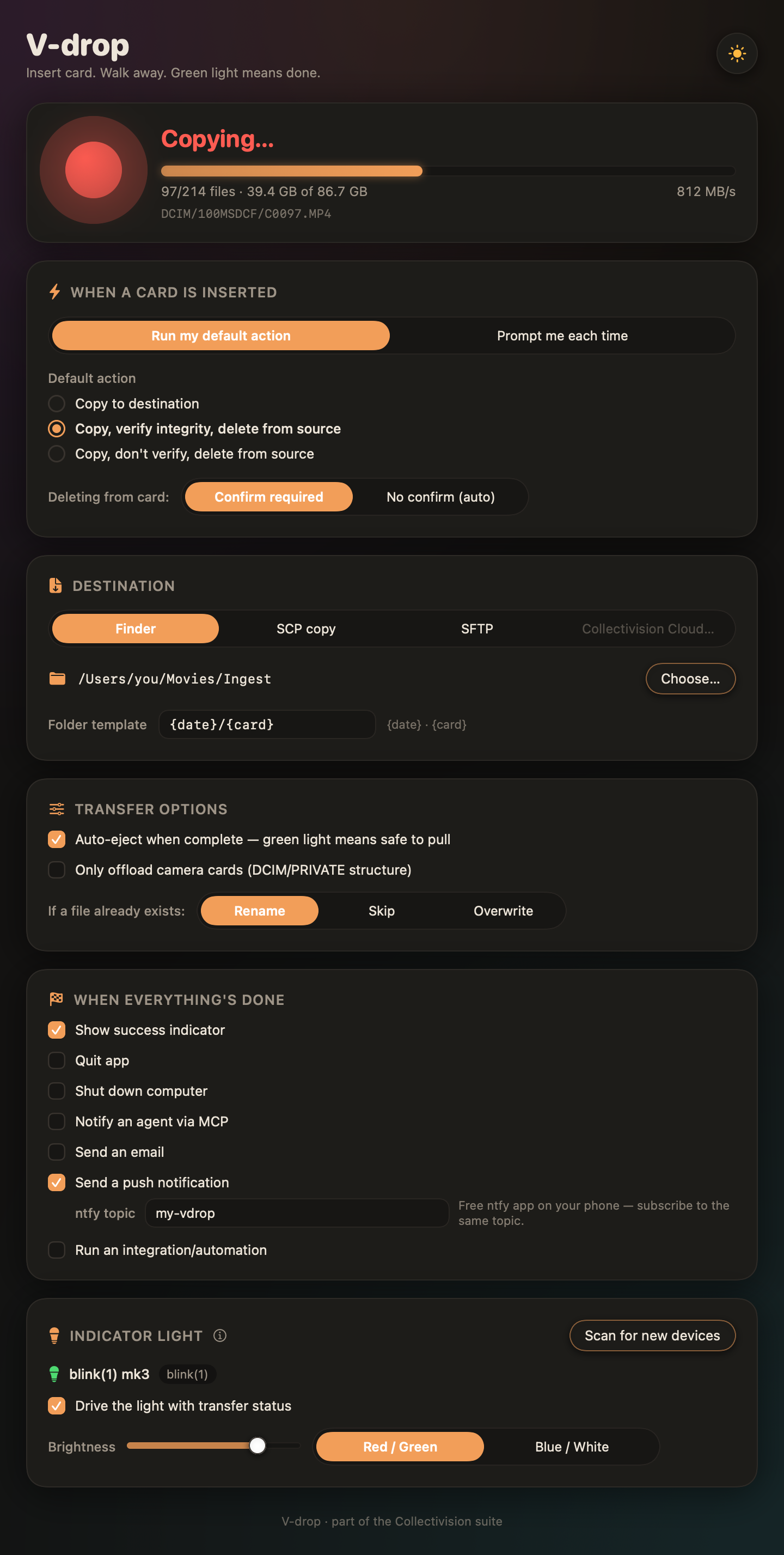 Copying in dark mode with live throughput